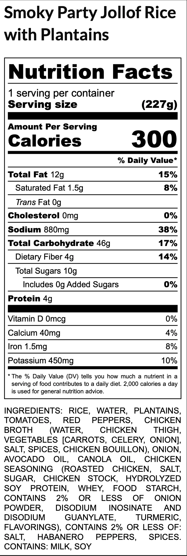Smoky Party Jollof rice with fried ripe plantains nutrition facts and ingredients